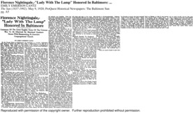 Florence nightingale,--lady with the lamp honored in Baltimore