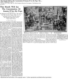 This month will see the canonization of Jeanne D'Arc by Pope