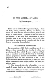 On the Algebra of Logic. Studies in Logic, ed. (Boston: Little, Brown, 1883), pp 17-71.